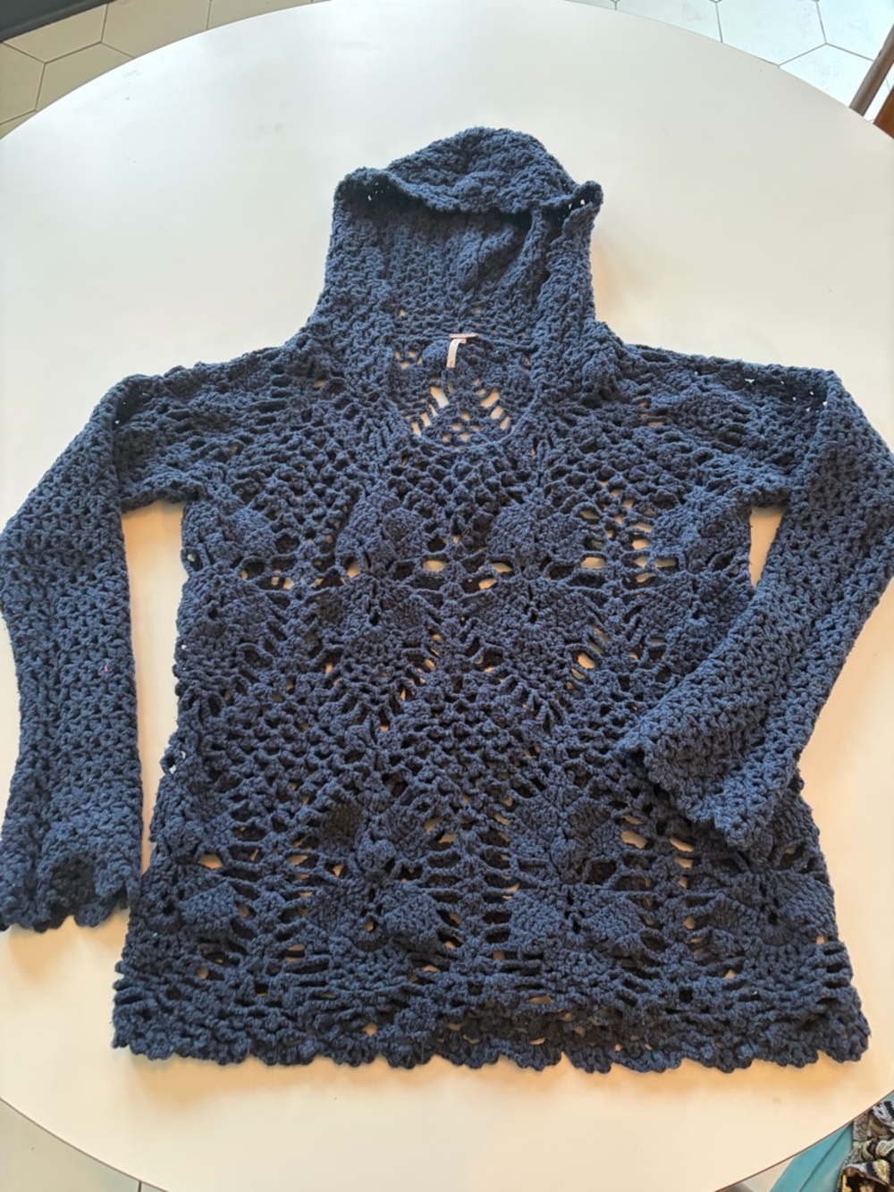 Free People Navy Crochet Hooded Pullover